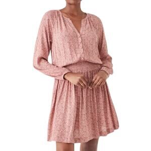 Faherty Montara Dress Mauve Pink Leaf Batik Mini Smocked Waist M NEW